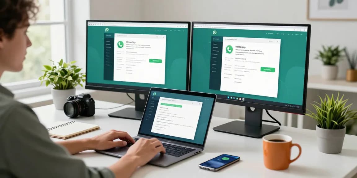 Engaged user accessing WhatsApp網頁版 on dual monitors in a modern workspace.