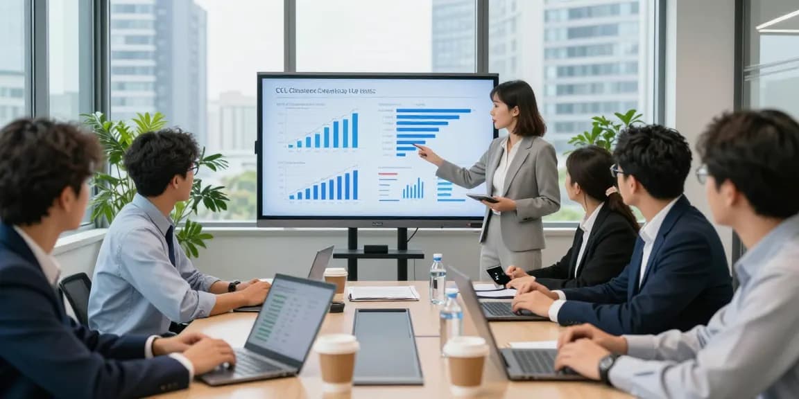 Team discussing ccl climate change levy business electricity rates in a modern conference room with data visuals.