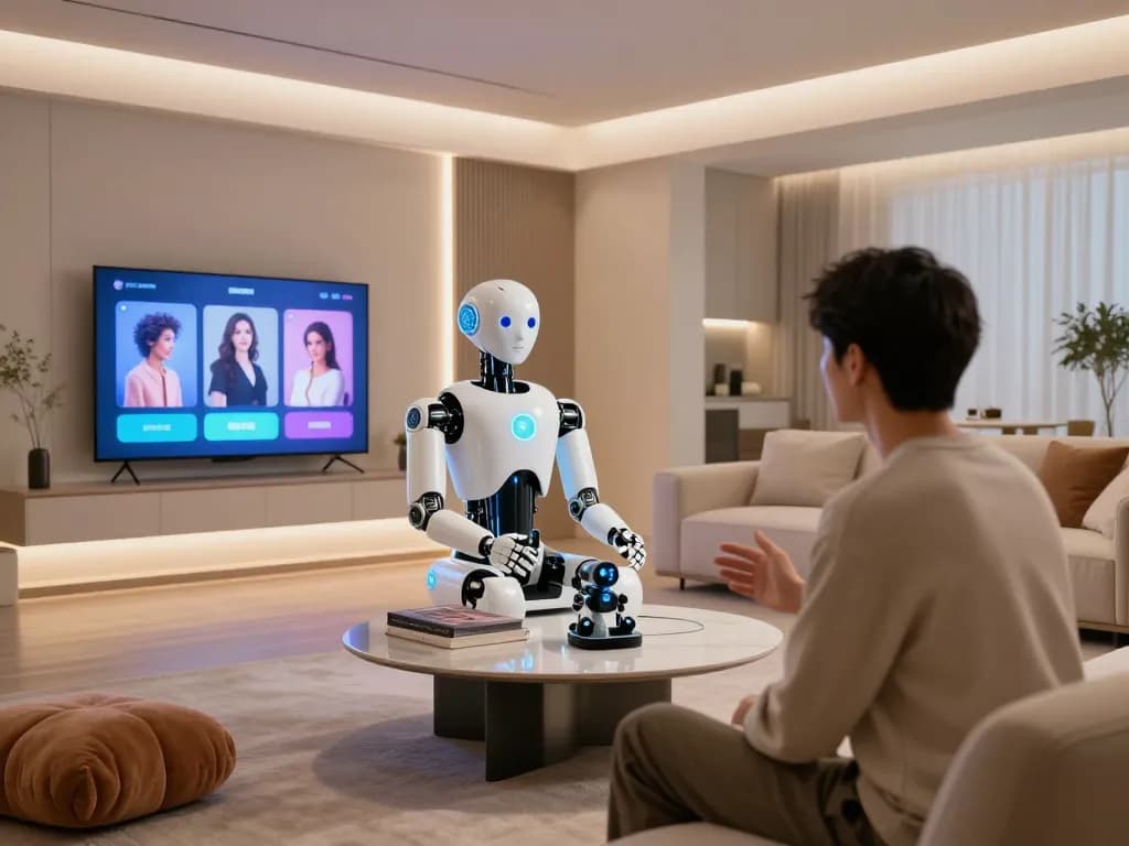 Engaging scene of a person interacting with a sex bot in a modern home, showcasing advanced technology.