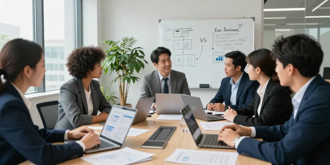 EE vs Three business plans discussion in a modern office setting showcasing team collaboration and analysis.