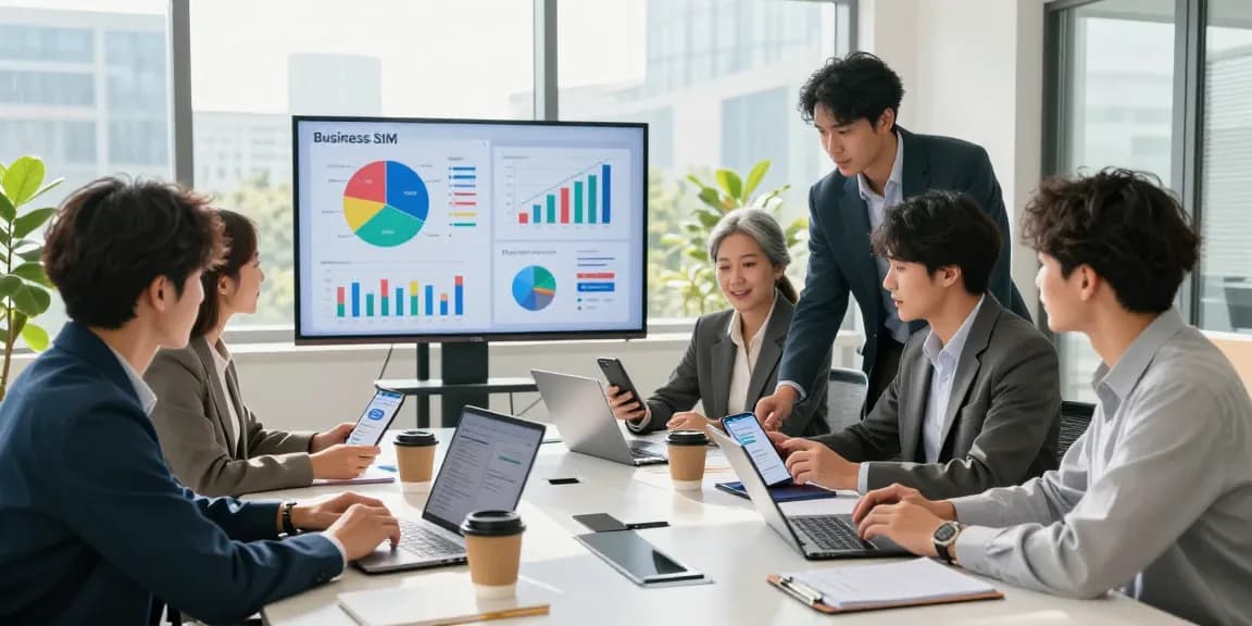 Compare business SIM only deals UK with professionals discussing mobile plans in a modern office.