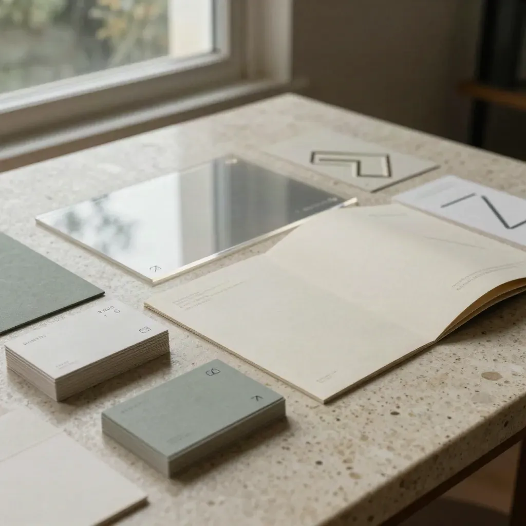 Kit di brand identity in travertino con tavole, mockup packaging e fogli acetati, luce cinematica.
