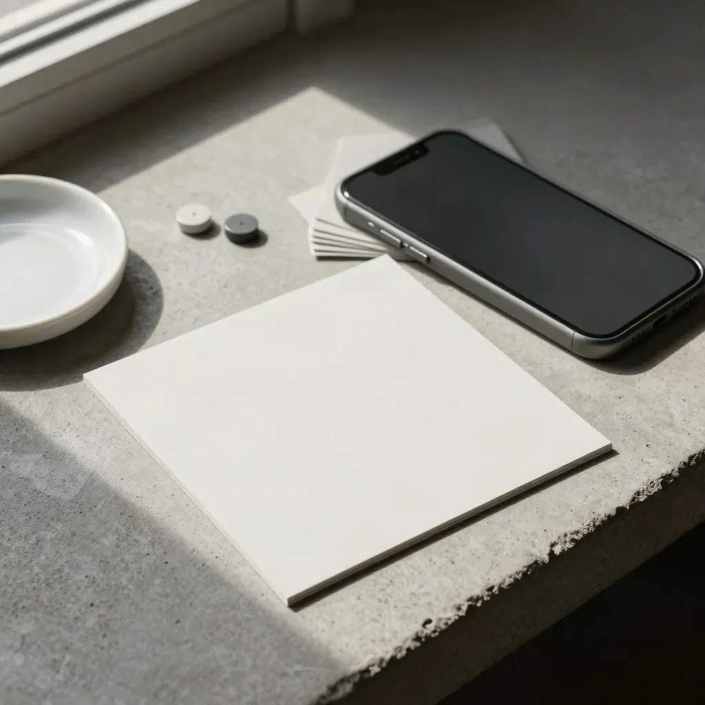 Mockup di post social su cemento chiaro con telefono, campioni colore e ciotola bianca