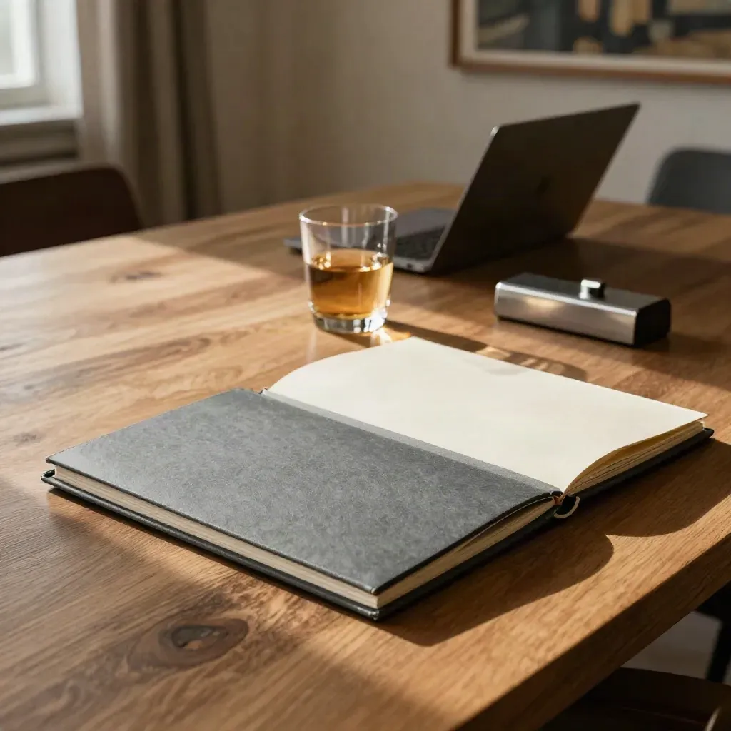 Folio per deck di vendita aperto su tavolo in legno, laptop chiuso, bicchiere e fermacarte.