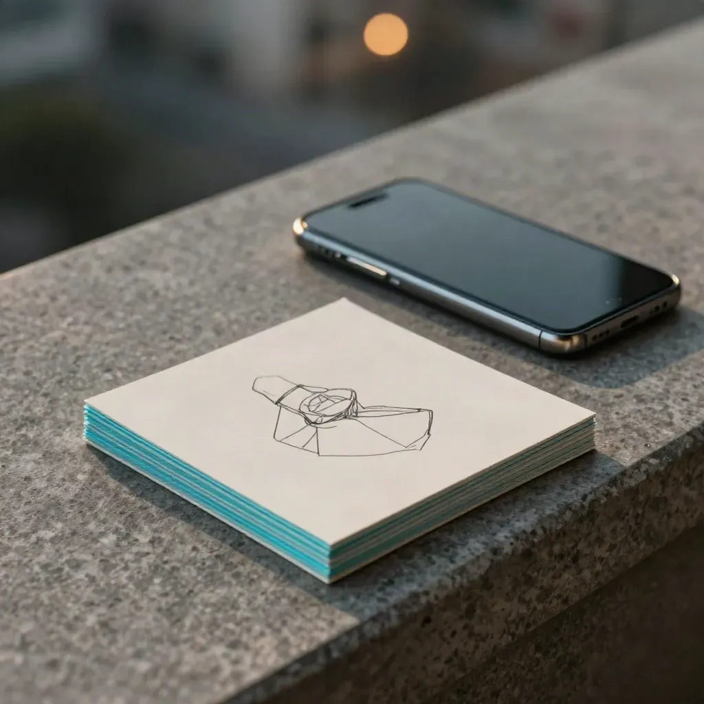 Smartphone spento e tile social stampati su una mensola in pietra, luce cinematografica