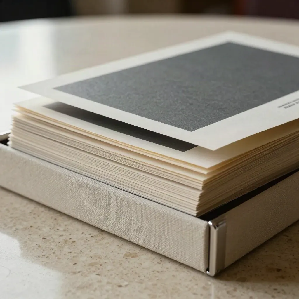 Cartella pitch deck aperta con divisori, inserti e box sottile su superficie in travertino.