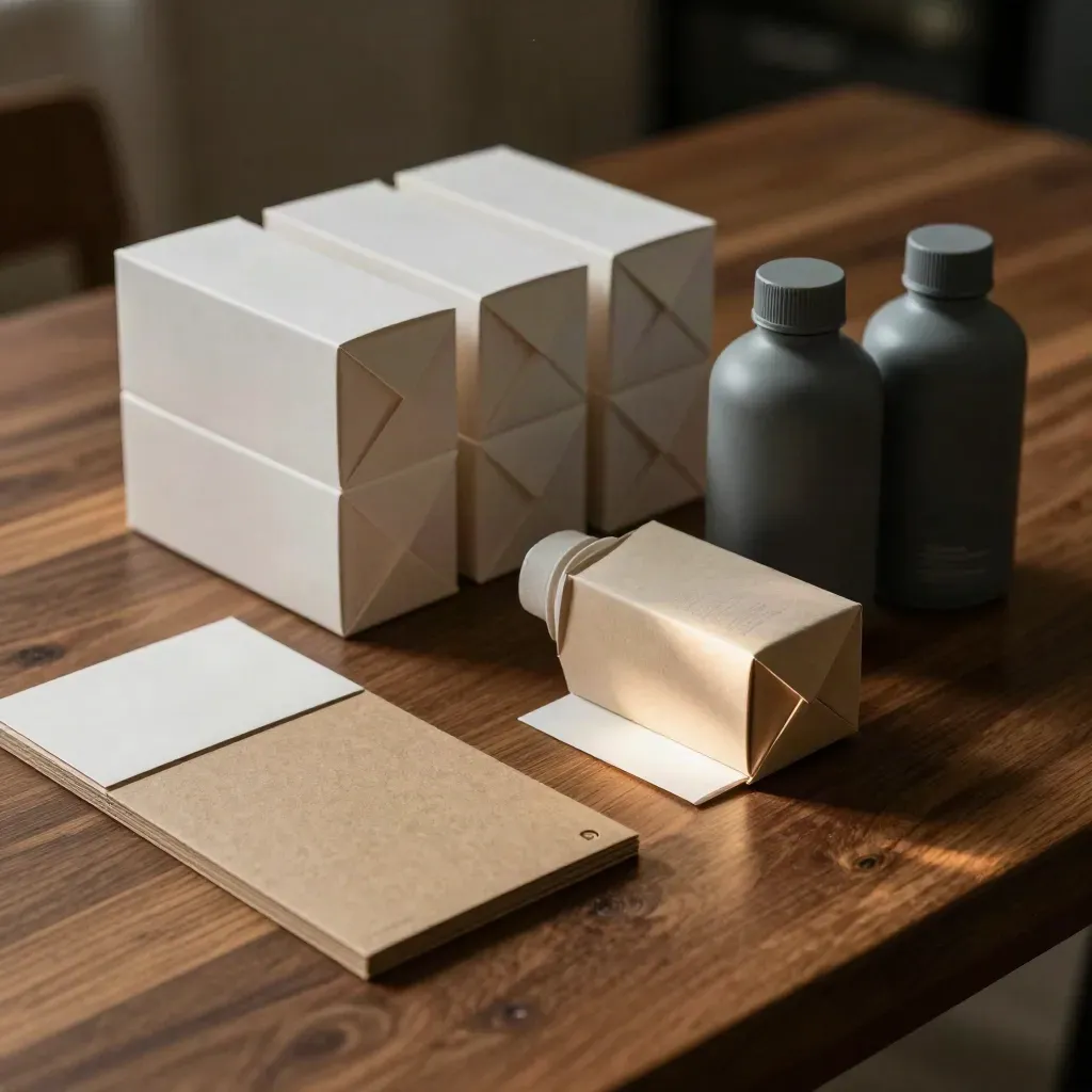 Prototipi di packaging su banco in noce, con cartoni e mockup bottiglia illuminati da luce radente.