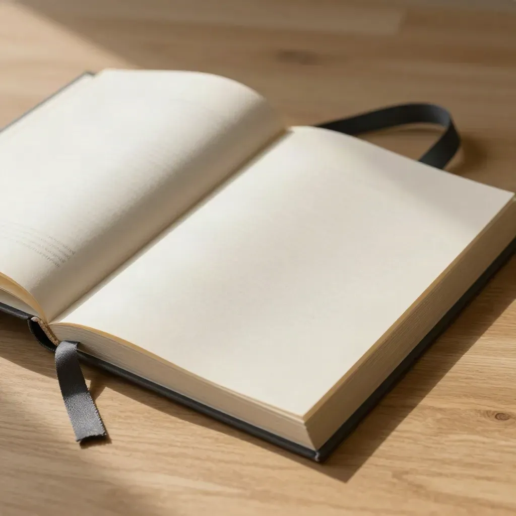 Bozze di impaginazione su legno chiaro, libro dummy e nastro in tessuto, luce mattutina calda.