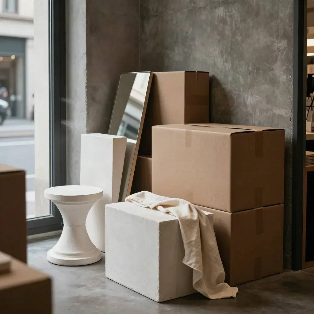 Allestimento retail con plinti, cartoni neutri e telo morbido in luce di finestra.