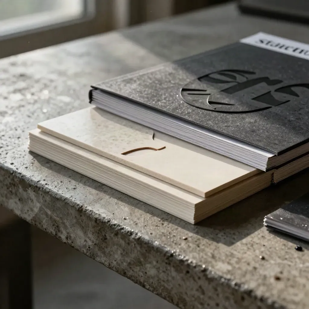 Kit brand startup su tavolo in cemento, luce radente e ombre profonde, con campioni e booklet.