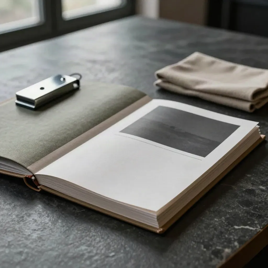 Binder per pitch deck aperto su pietra scura con luce naturale e accessori eleganti