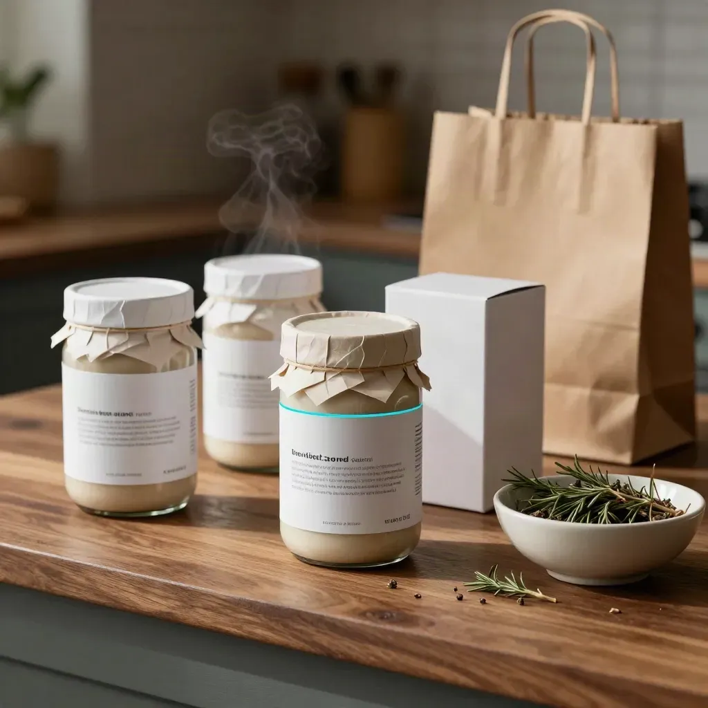 Prototipi di etichette per alimenti su barattoli, scatole, shopper kraft e ciotola di erbe.