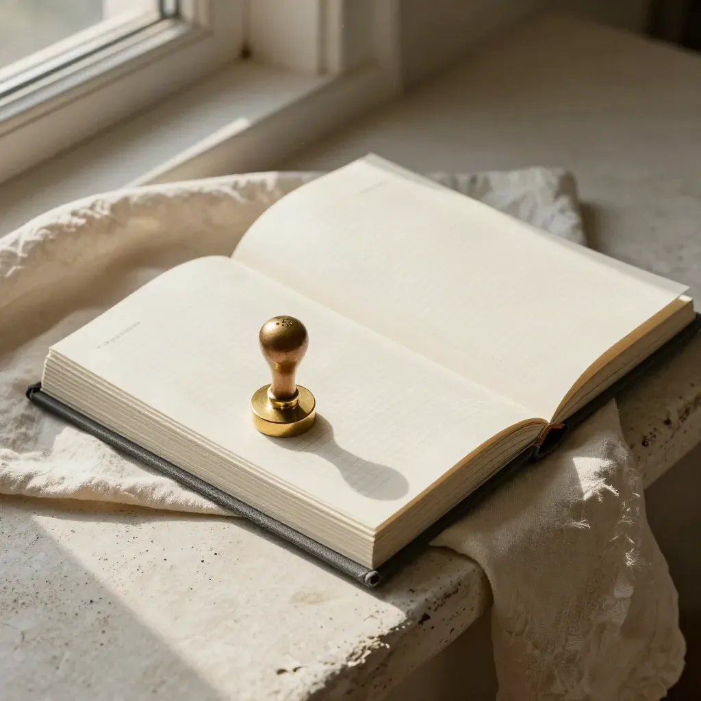 Manuale del logo su panca in gesso con timbro in ottone e tessuti di lino