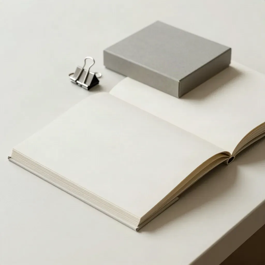 Mockup di catalogo prodotto con scatola campione e graffette su tavolo chiaro