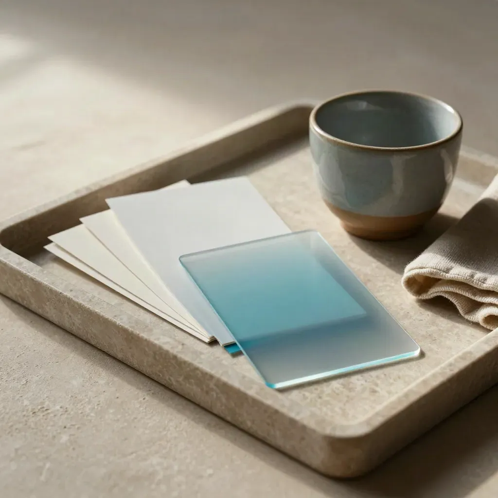 Swatch di carta neutri, card ciano, tazza in ceramica e panno su vassoio di pietra.