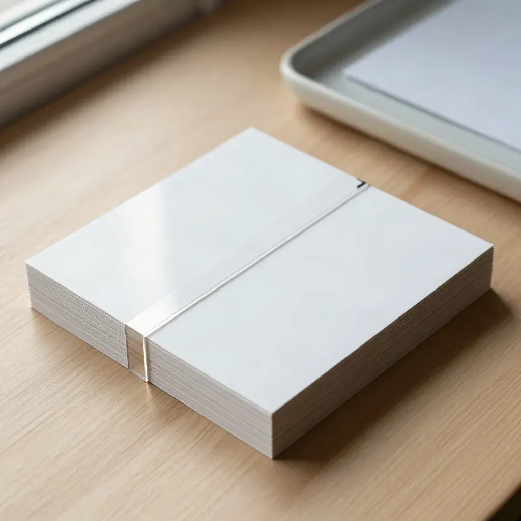 Carte quadrate su legno chiaro con allineatore acrilico e vassoio ceramico, luce laterale.