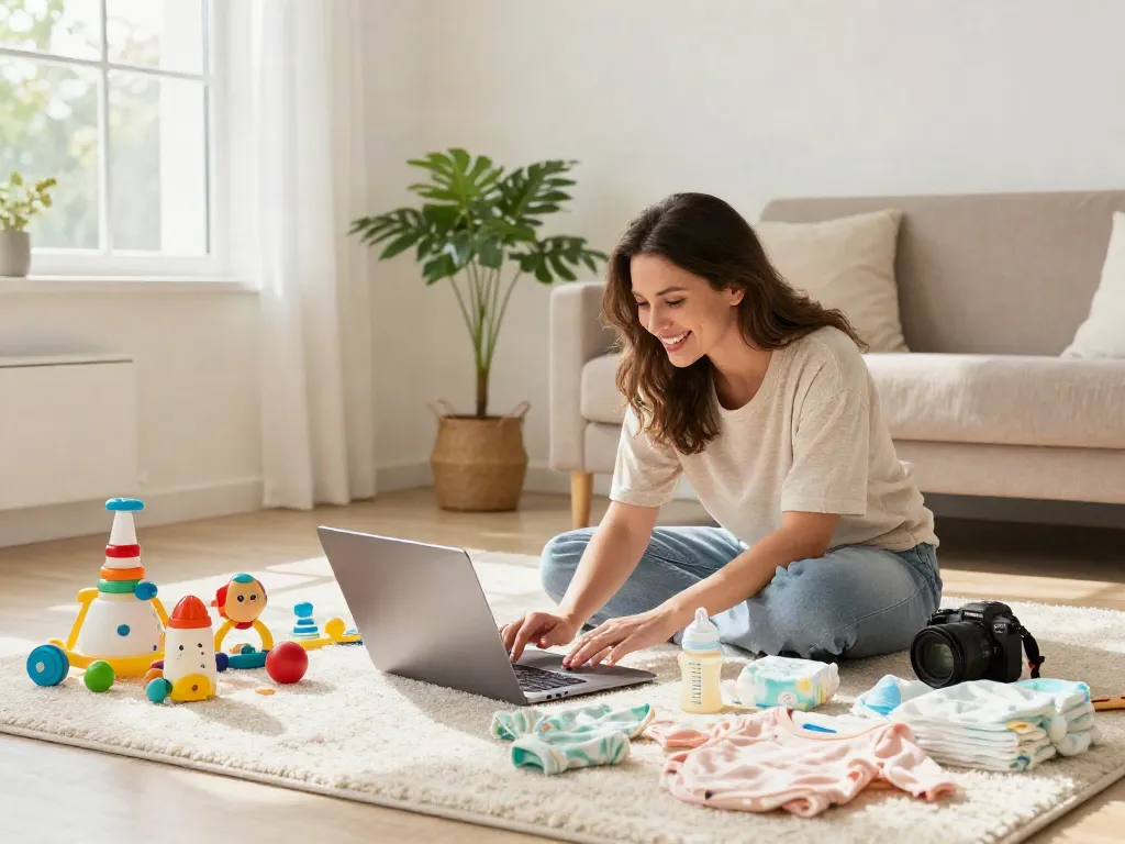 Mom exploring rokok88 baby products online in a cozy home setting.